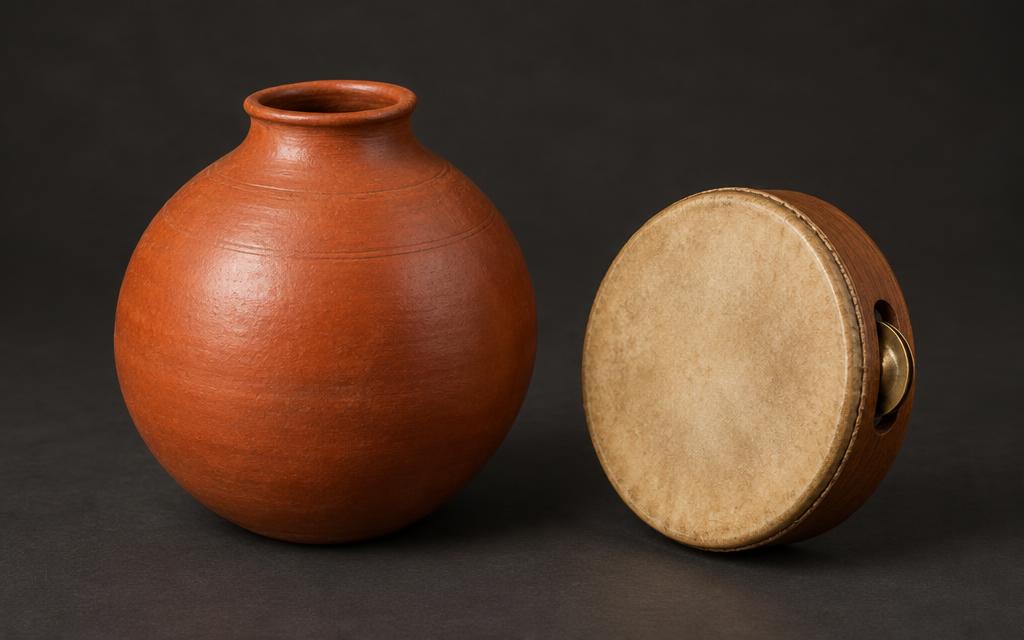 Terracotta ghatam and kanjira frame drum