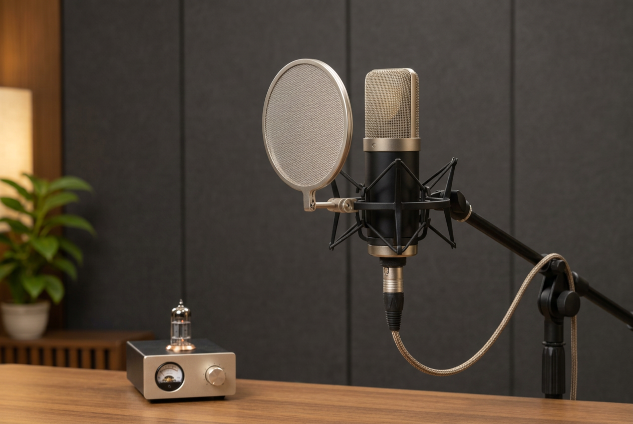 Modern tube condenser microphone with pop filter