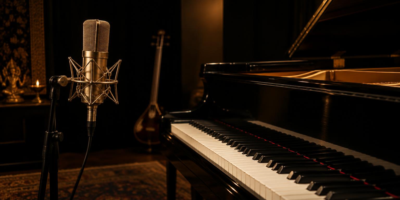 Studio vocal microphone beside a grand piano